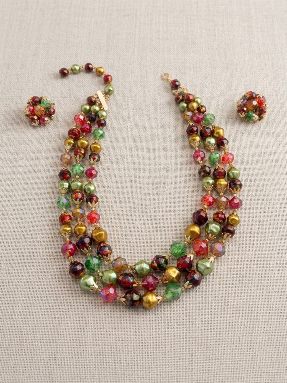 Vintage 1960s Colorful Glass Bead Necklace & Clip Earrings Set – Gold